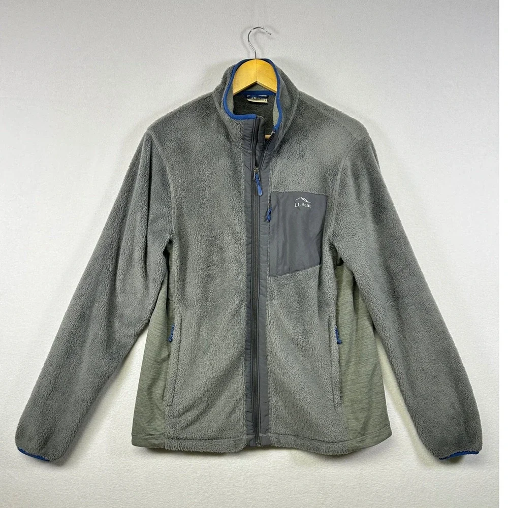 LLBean Mens Fleece Jacket Full Zip Gray Blue Trim‎ Pockets Size Medium